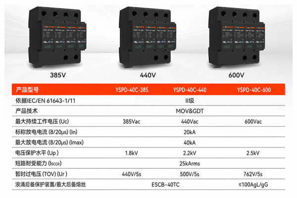 轨道交通分配电系统T2级SPD的385V、440V和600V选型参数图 轨道交通分配电系统T2级SPD的385V、440V和600V选型参数图
